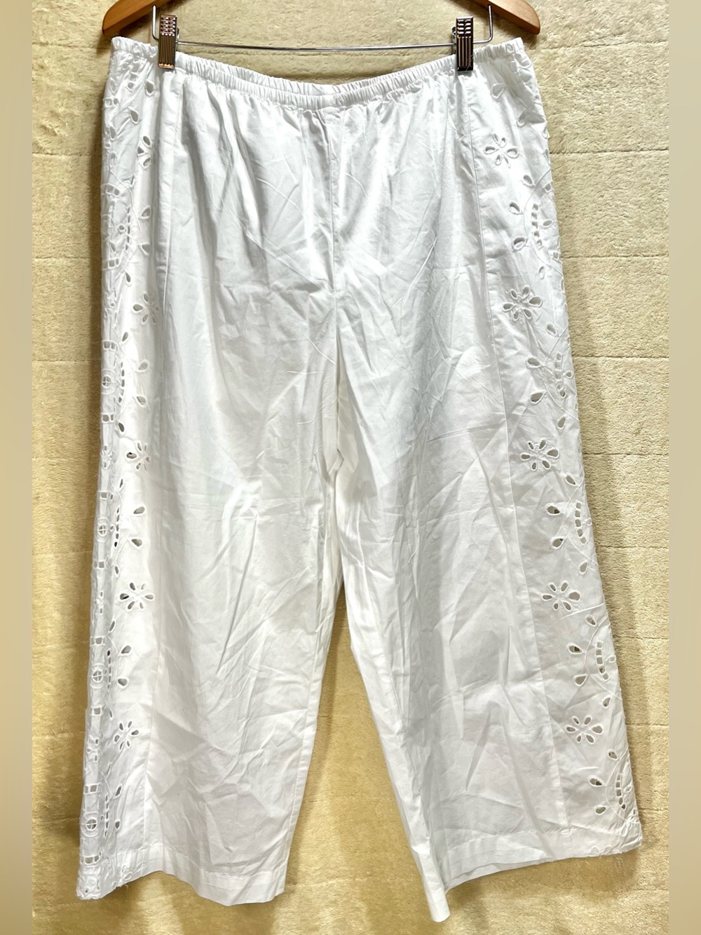 A New Day NWT White Eyelet Embroidered Pull-On Crop Pants L Cotton Lined Boho